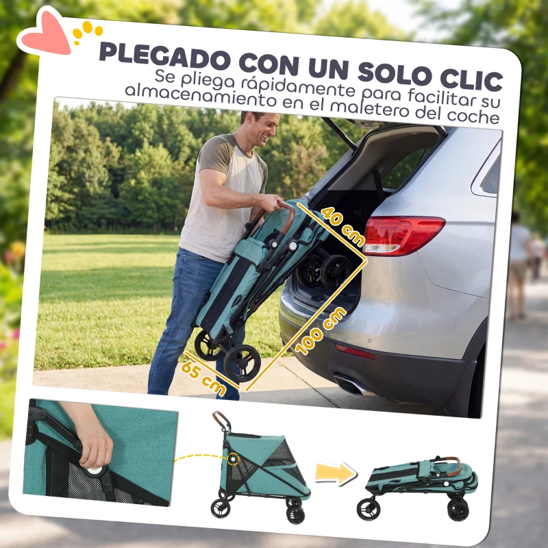 PawHut Carrito para Perros Plegable con un Botón hasta 30 kg con Suspensión en 4 Ruedas Giratorio y Freno de Pie Turquesa