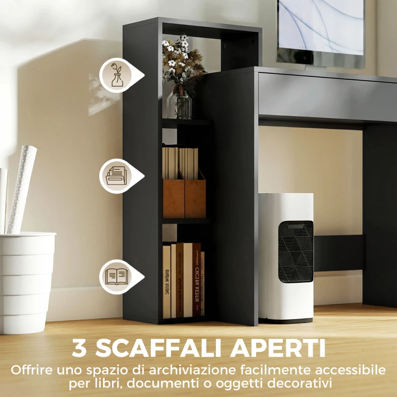 HOMCOM Scrivania PC Moderna con 3 Ripiani Aperti e Cassetto, in Legno Nero, 100x40x90 cm