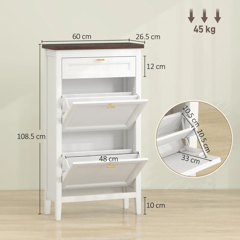 HOMCOM Shoe Cabinet with 2 Flip Drawers, Farmhouse Narrow Shoe Storage Cabinet with Adjustable Shelves, White
