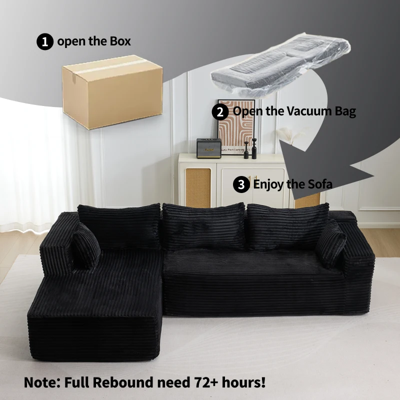 Kompressions-Sofagarnitur mit bequemer Chaiselongue, knochenloses L-förmiges Sofa mit tiefem Sitz, minimalistische modulare Sofas zum Schlafen für Wohnzimmer, Schlafzimmer, Apartment, Lounge, Cord, Schwarz