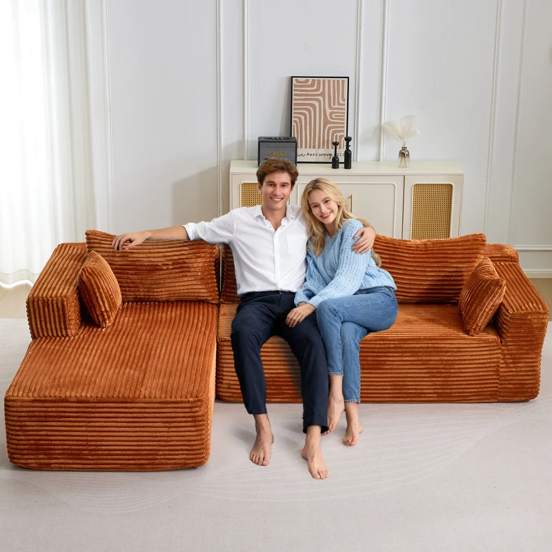 Kompressions-Sofagarnitur mit bequemer Chaiselongue, knochenloses L-förmiges Sofa mit tiefem Sitz, minimalistische modulare Sofas zum Schlafen für Wohnzimmer, Schlafzimmer, Apartment, Lounge, Cord, Braun