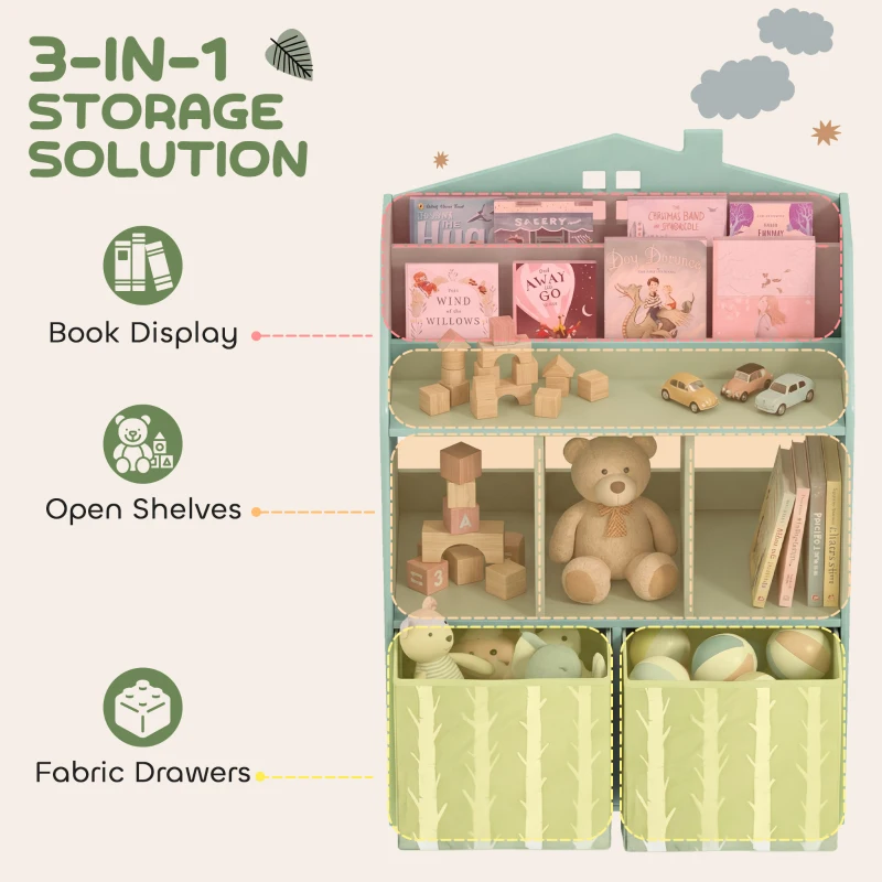 AIYAPLAY Kids Bookshelf with Storage, Toy Storage Unit with Book Display, Shelves and Fabric Drawers for Playroom Nursery, Green
