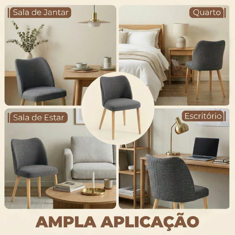 HOMCOM Conjunto de 2 Cadeiras de Cozinha Nórdicas Estofadas em Linho Encosto Curvo Assento Acolchoado Pernas de Madeira Cinza Claro