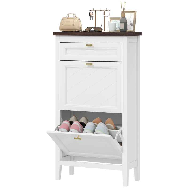HOMCOM Shoe Cabinet with 2 Flip Drawers, Farmhouse Narrow Shoe Storage Cabinet with Adjustable Shelves, White