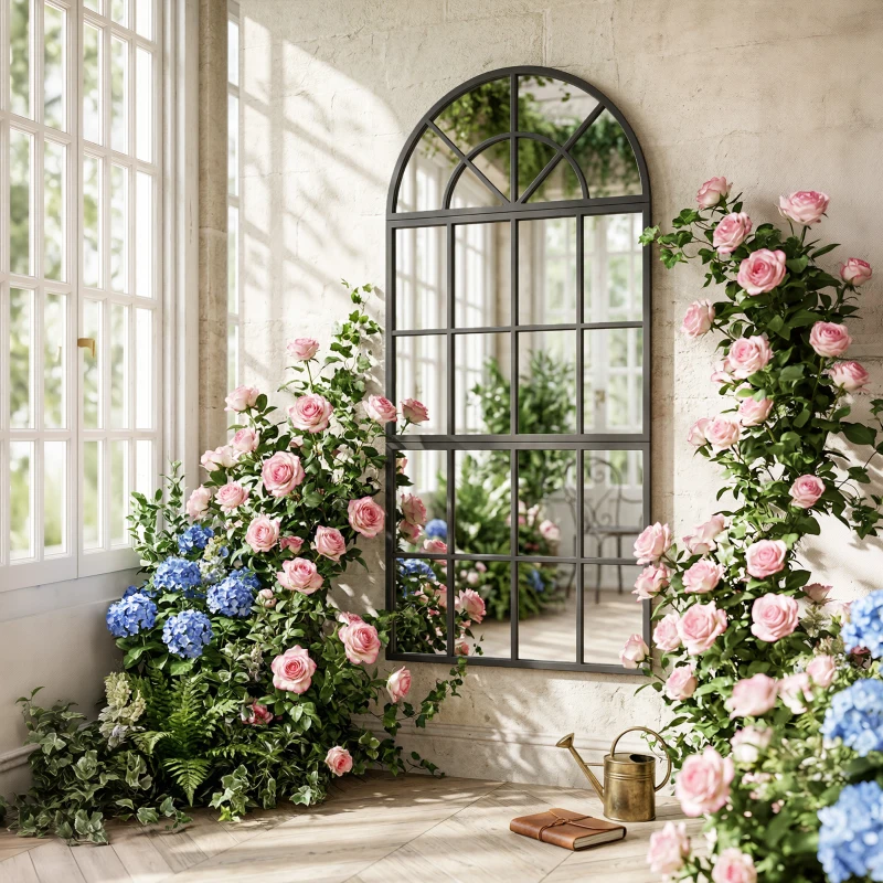 HOMCOM Large Arched Wall Mirror with Metal Grid, 3-Piece Split Window Mirrors, 120 x 54 cm, Black