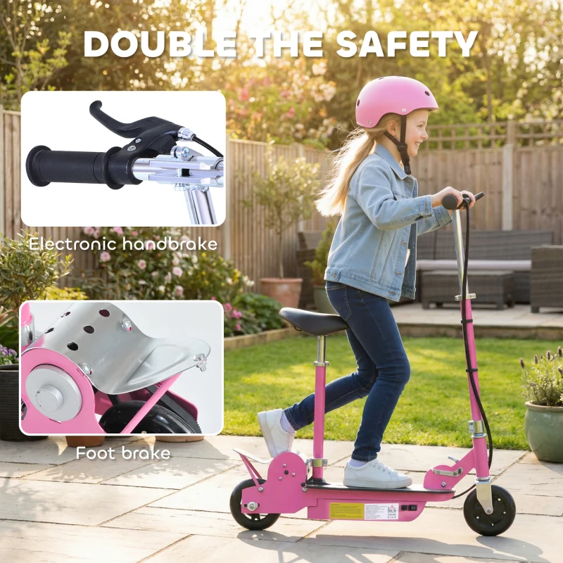HOMCOM Foldable Powered Scooter with Adjustable Seat, Brake, Pink