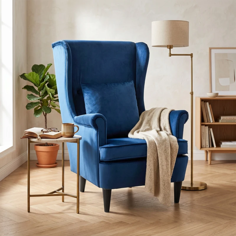 HOMCOM Modern Accent Chair with High Backrest and Pillow, Velvet-Feel Fabric Reading Chair with Solid Wood Legs, Blue