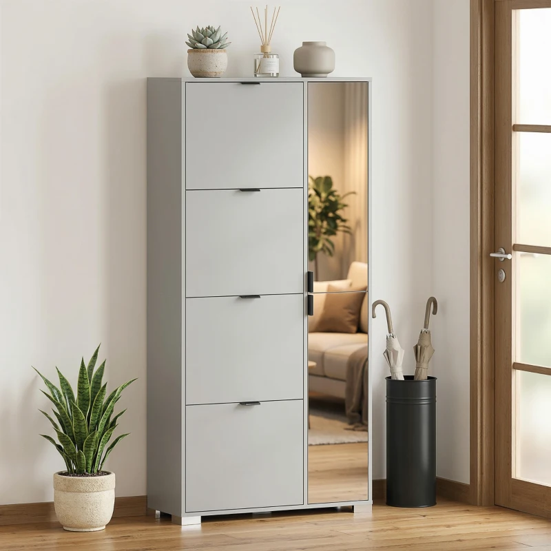 HOMCOM Scarpiera con Specchio, 4 Cassetti Ribalta, Scarpiera Ingresso, Grigio