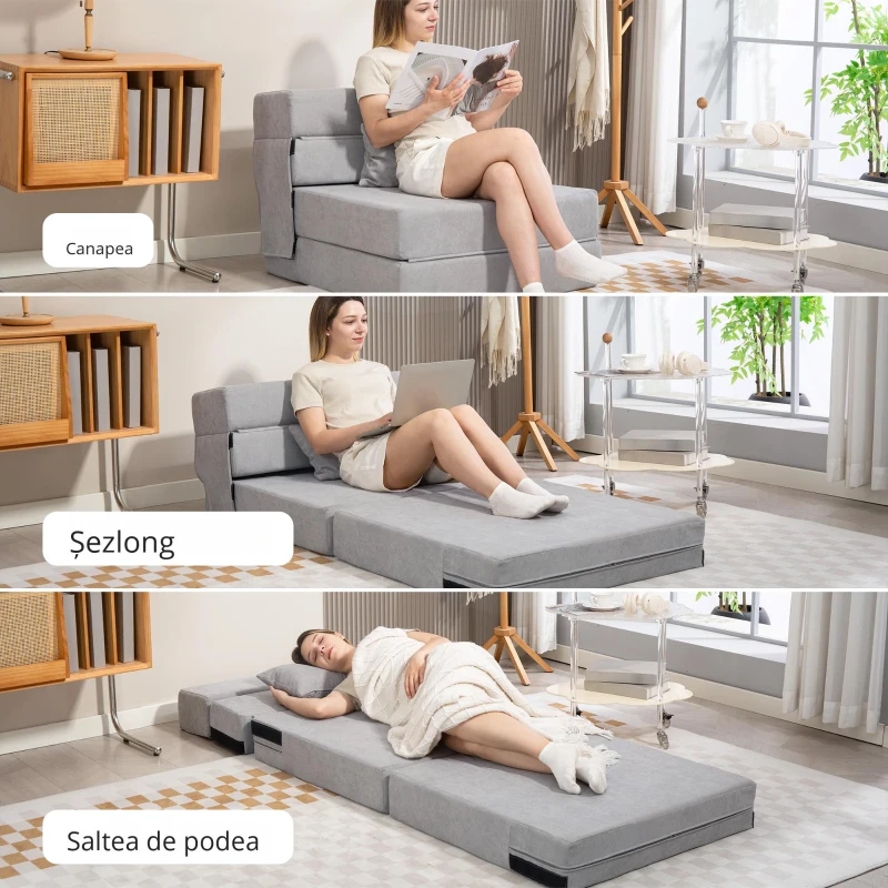 HOMCOM Sofa la sol, canapea tapițată, transformabilă în saltea, spumă, pernă, Gri deschis