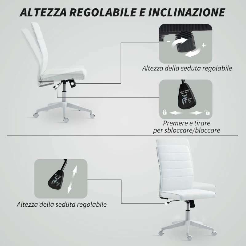 HOMCOM Sedia da Ufficio Ergonomica e Regolabile con Schienale Ricurvo, in Pelle PU e Acciaio, 58x53x97-107 cm, Bianco