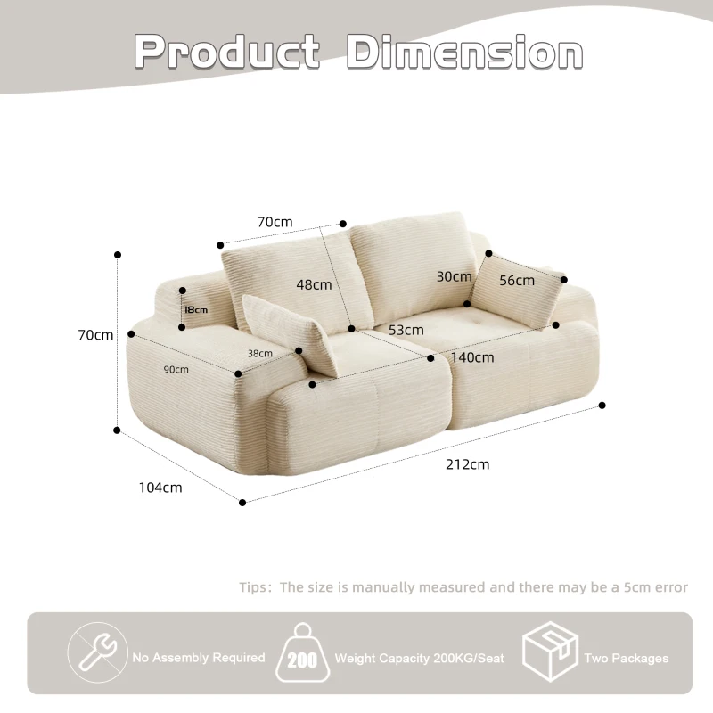Modernes Sofa aus komprimiertem Memory-Schaumstoff, 2-Sitzer, große Sofagarnitur für das Wohnzimmer, haustierfreundliches modulares Sofagarnitur Cloud, Cordstoff, extra tiefes Sofa, kein Zusammenbau erforderlich, Beige