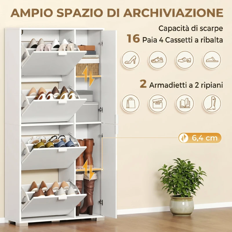 HOMCOM Scarpiera con Specchio, 4 Cassetti Ribalta, Scarpiera Ingresso, Bianco