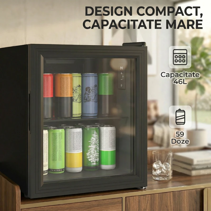 HOMCOM Frigider 46L, 59 Cutii, Ușă din Sticlă, Raft Temperat, LED, Touchscreen, pentru Bucătărie Birou Dormitor Bar, Negru