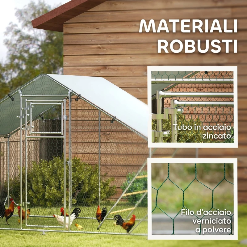 PawHut Recinto per Galline da 6m² per 6-8 Animali con Tetto Impermeabile, Mangiatoia e Posatoio, 3x2x1.9m, Argento