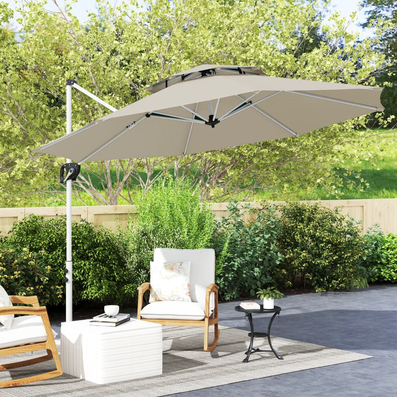 Outsunny Parasol déporté rond 3 x 2,5 m avec manivelle, base croisée, inclinable et rotatif à 360°, double toit, gris