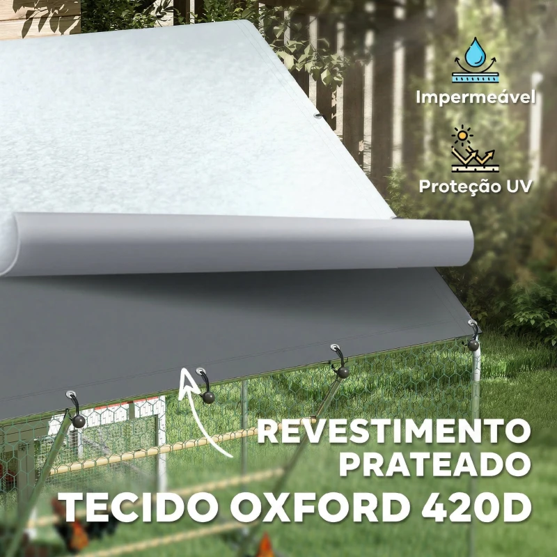 PawHut Galinheiro para Exterior 3x2 m Galinheiro de Aço Galvanizado com Comedouro Suspenso Tipo Espeto Poleiro Anti-UV Prata
