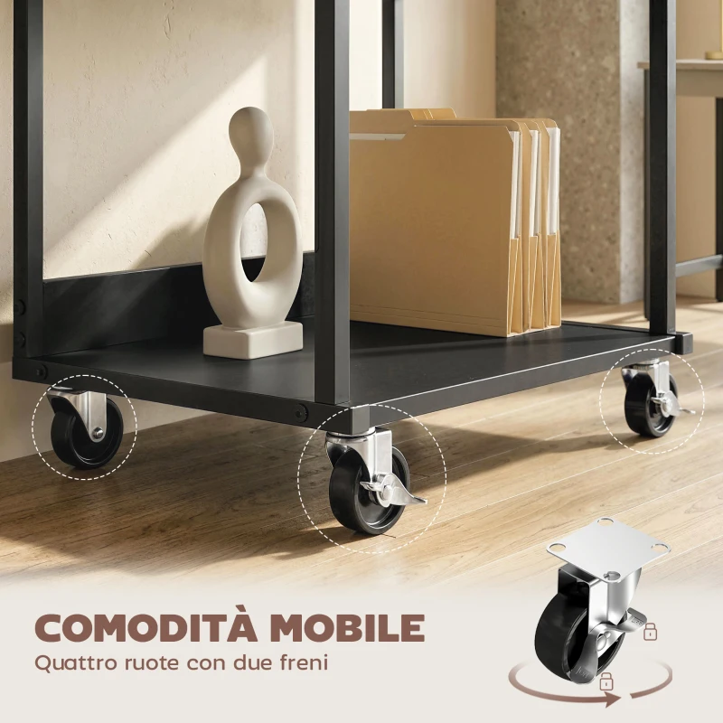 HOMCOM supporto stampante 3 livelli con ruote, tavolino industriale metallo ufficio, nero.
