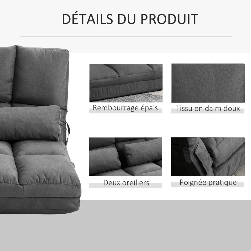 HOMCOM Chauffeuse matelas d'appoint pliant convertible - inclinaison dossier réglable 14 positions - 2 coussins inclus, gris