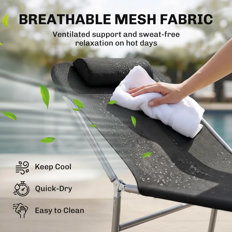 Outsunny Outdoor Foldable Sun Lounger, Garden 6 Level Adjustable Backrest Recliner Sun Lounger Chair with Headrest Pillow, Black