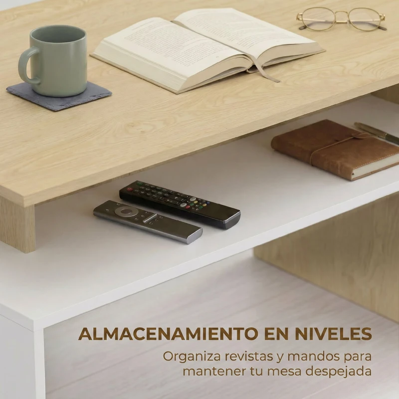 HOMCOM Mesa baja para Salón con Compartimento para Salón Sala de Estar 95x55x50 cm Natural y Blanco