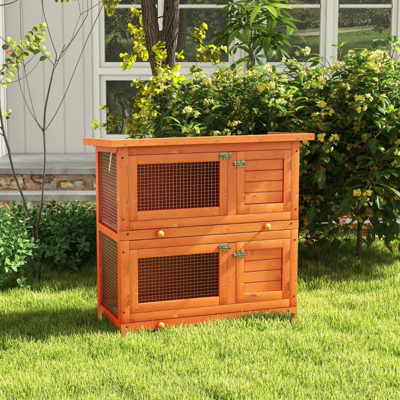 PawHut Clapier à lapin cage à lapin double niveau plateaux coulissants 4 portes verrouillables toit ouvrant 90L x 45l x 90H cm