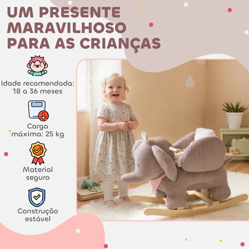 AIYAPLAY Cavalo Baloiço para Bebés com Som de Elefante e Cinto de Segurança de 3 Pontos Base em Madeira de Álamo 65x35x50 cm Castanho