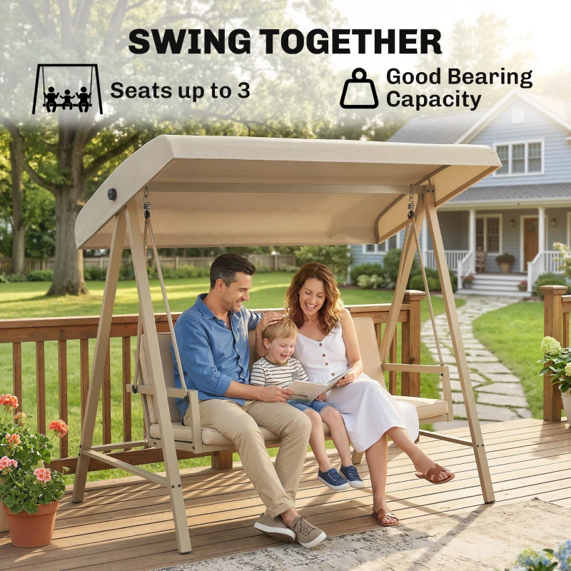 Outsunny Three-Seat Garden Swing Chair, with Adjustable Canopy - Beige