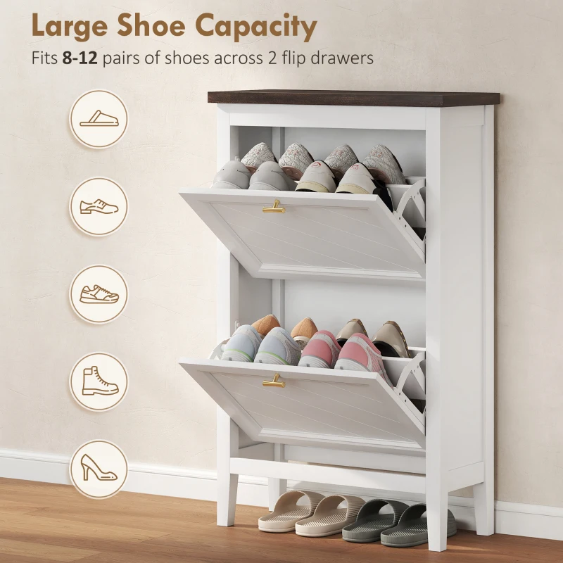 HOMCOM Shoe Cabinet with 2 Flip Drawers, Farmhouse Narrow Shoe Storage Cabinet with Adjustable Shelves, White