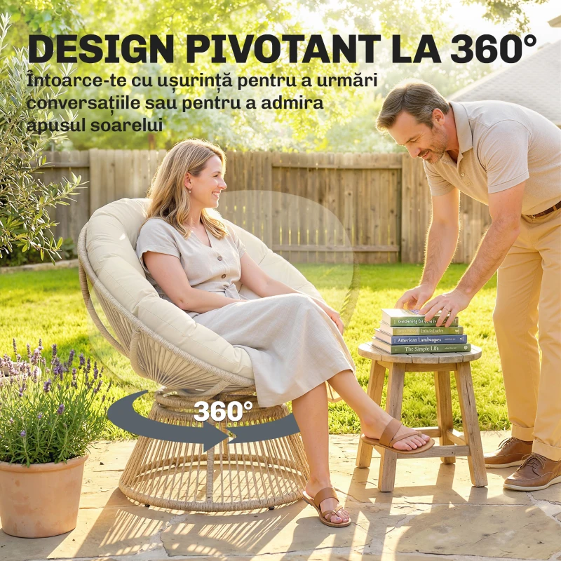 Outsunny Fotoliu Papasan Rotativ 360° Moon Chair cu Pernă pentru Interior/Exterior, Crem Alb