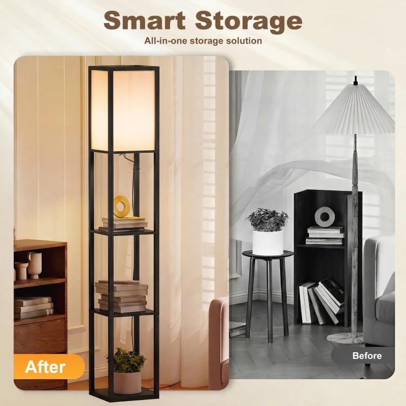 HOMCOM Floor Lamp with Shelves, 3 Layer Column Modern Standing Lamp for Living Room, Bedroom, Office, Bulb not Included, Black
