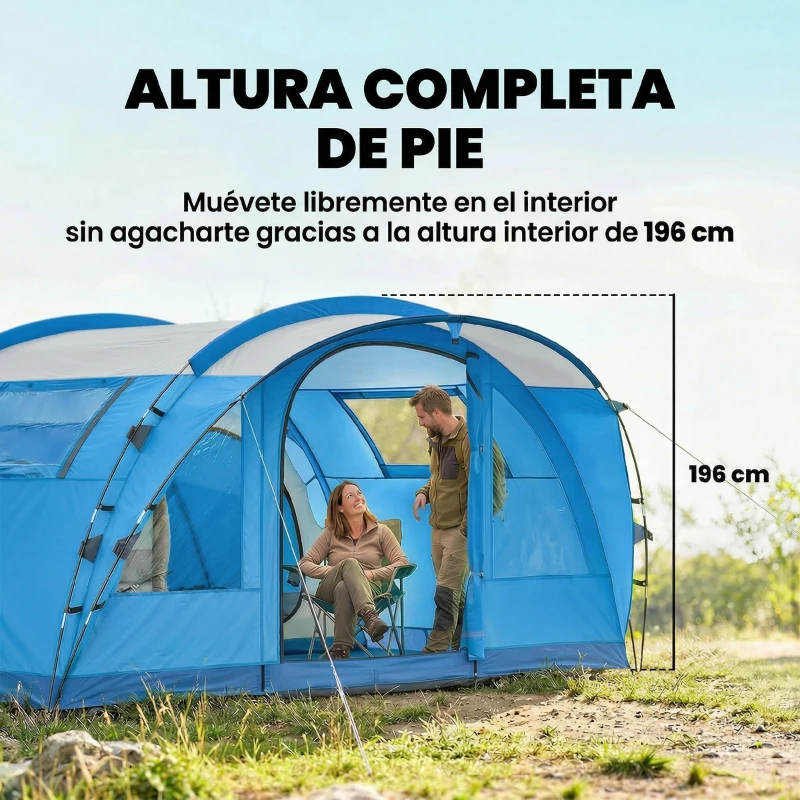 Outsunny Tienda de Campaña Familiar Tipo Túnel para 5 Personas con 3 Habitaciones Puerta 4 Ventanas Impermeable Fácil Montaje