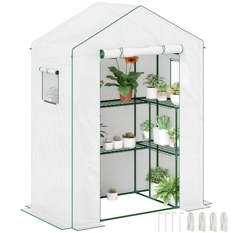 Outsunny Estufa de Jardim com 1 Porta 2 Janelas e Prateleiras de 2 Níveis em Forma de U para Cultivo de Plantas 140x73x190 cm Branco