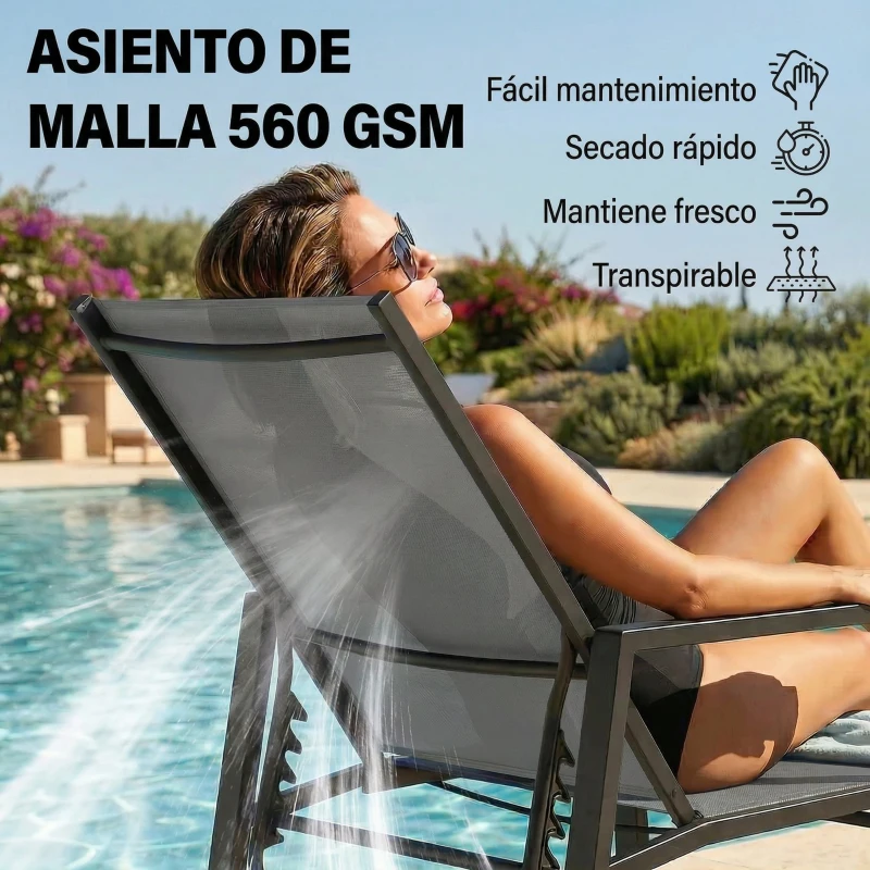 Outsunny Tumbona Plegable con Reposapiés Retráctil Respaldo Ajustable 5 Niveles Tela de Textilene Marco Acero Gris Oscuro