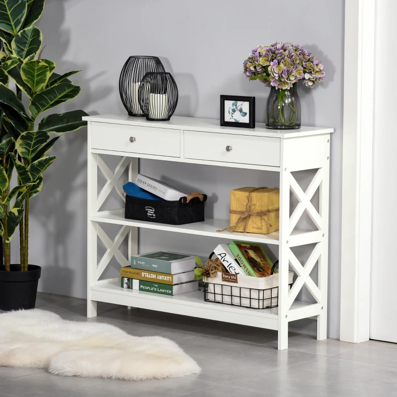 HOMCOM Table de console table d'entrée style table de drapier néo-rétro 2 tiroirs 2 étagères dim. 100L x 30.5l x 80H cm en bois Blanc