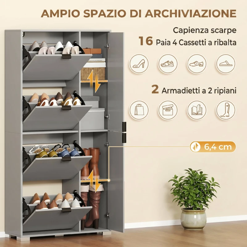HOMCOM Scarpiera con Specchio, 4 Cassetti Ribalta, Scarpiera Ingresso, Grigio