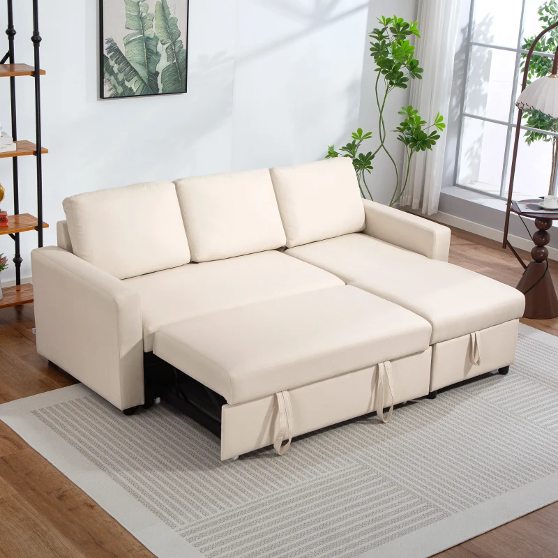 HOMCOM Canapé d'angle convertible modulable avec méridienne réversible, coffre de rangement et 3 coussins de dossier, crème(m-10)