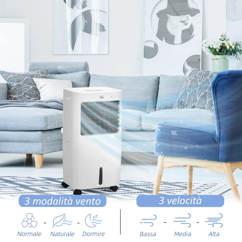 HOMCOM Raffrescatore Evaporativo e Ventilatore con Ghiaccio 3 in 1 a 3 Velocità con Timer, 32x37x74 cm, Bianco