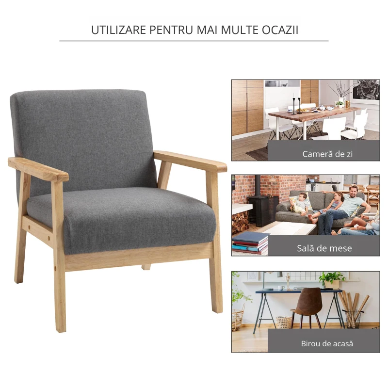 HOMCOM Fotoliu cu design scandinav, fotoliu de accent din lemn masiv cu aspect de in, 64 cm x 70 cm x 72 cm, gri