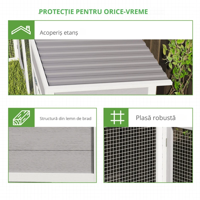 PawHut Cotet pentru găini casă din lemn în formă de L cu 2 case, 2 niveluri, zonă de alergare, rampă, 251 x 192 x 103 cm Gri