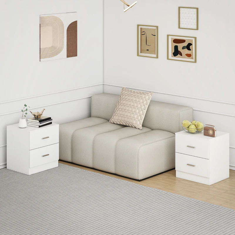 HOMCOM Set of 2 Modern Nightstands, Bedside Tables with 2 Storage Drawers, Accent End Table for Bedroom and Living Room, White