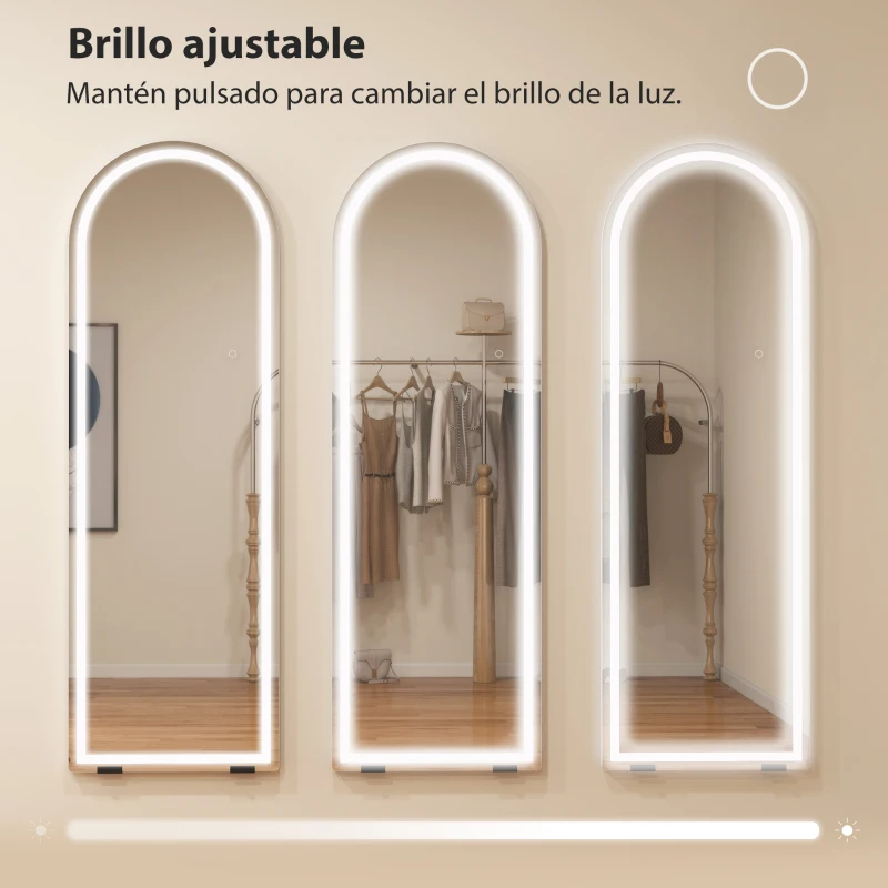 HOMCOM Espejo de Pie Cuerpo Entero con Luces 150x50cm Arqueado sin Marco 3 Temperaturas de Color Brillo Ajustable Transparente