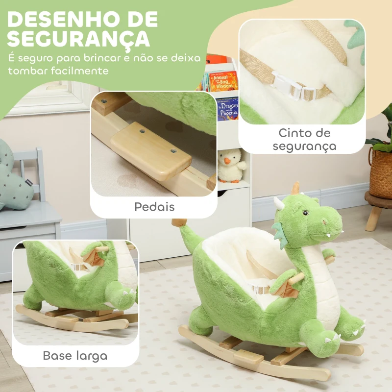 AIYAPLAY Baloiço para Bebés com Som de Dragão Base de Madeira Cinto de Segurança para Crianças de 18-36 Meses 65x38x72 cm Verde
