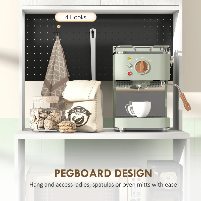 HOMCOM Dulap pentru Microunde cu Dulap, Blat de Lucru, Mobilă de Bucătărie cu 2 Sertare, Panou Metalic, 4 Cârlige, Raft Reglabil pentru Bucătărie, Sală de Masă, Living, Alb