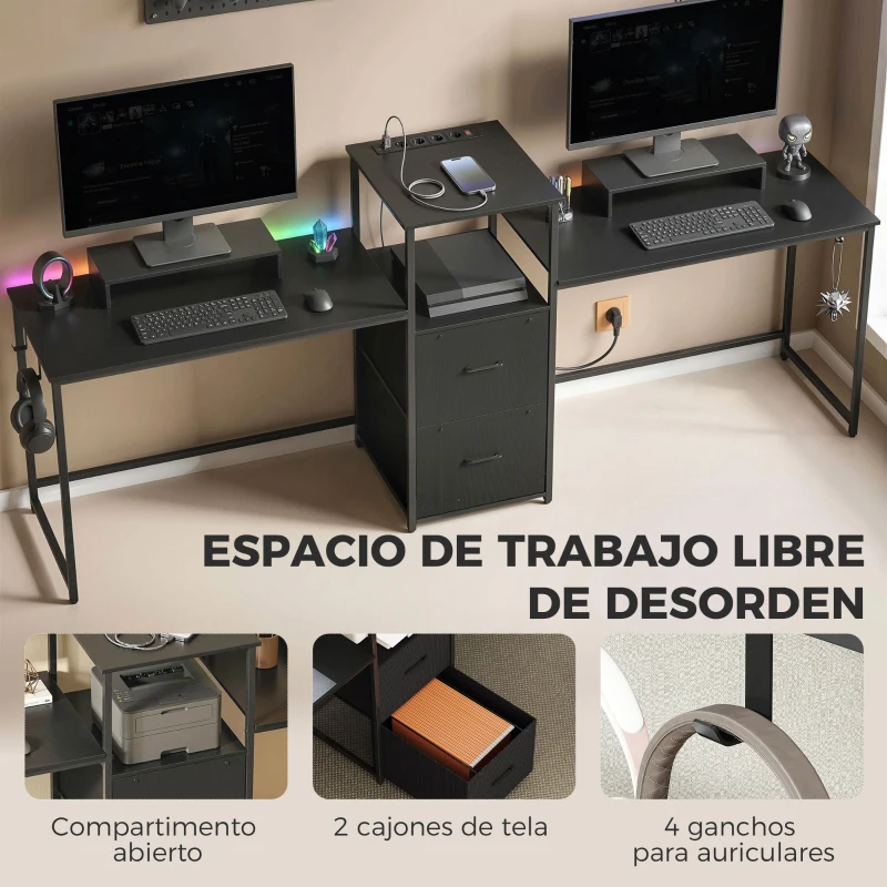 HOMCOM Mesa Gaming Doble de 244 cm con Estación de Carga Puertos USB Soportes para Monitor Cajones de Tela Negro
