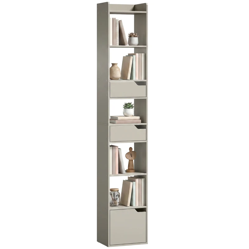 HOMCOM Bookcase Tall Narrow with 5 Tiers and Drawers Freestanding Bookshelf Storage Cabinet for Living Room Grey