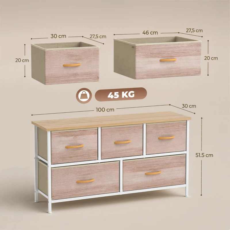 HOMCOM Commode 5 tiroirs en tissu Commode pour chambre Cadre en métal Meuble pour salon bureau Naturel et Blanc
