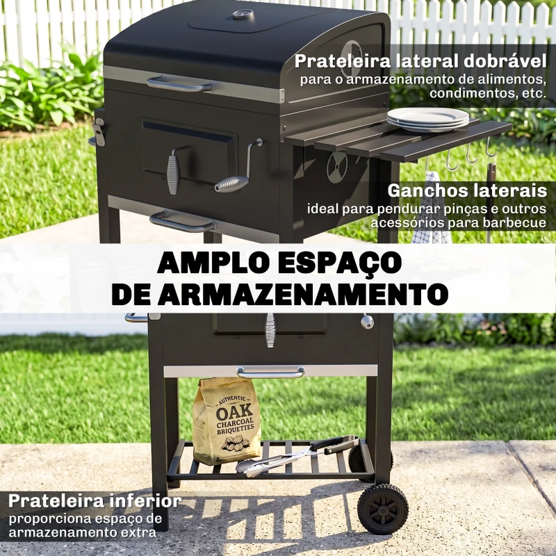 Outsunny Barbecue a Carvão com Rodas Tampa Grelhas de Aço Inoxidável Termômetro Bandeja Lateral e Prateleira 113x65x108 cm Preto