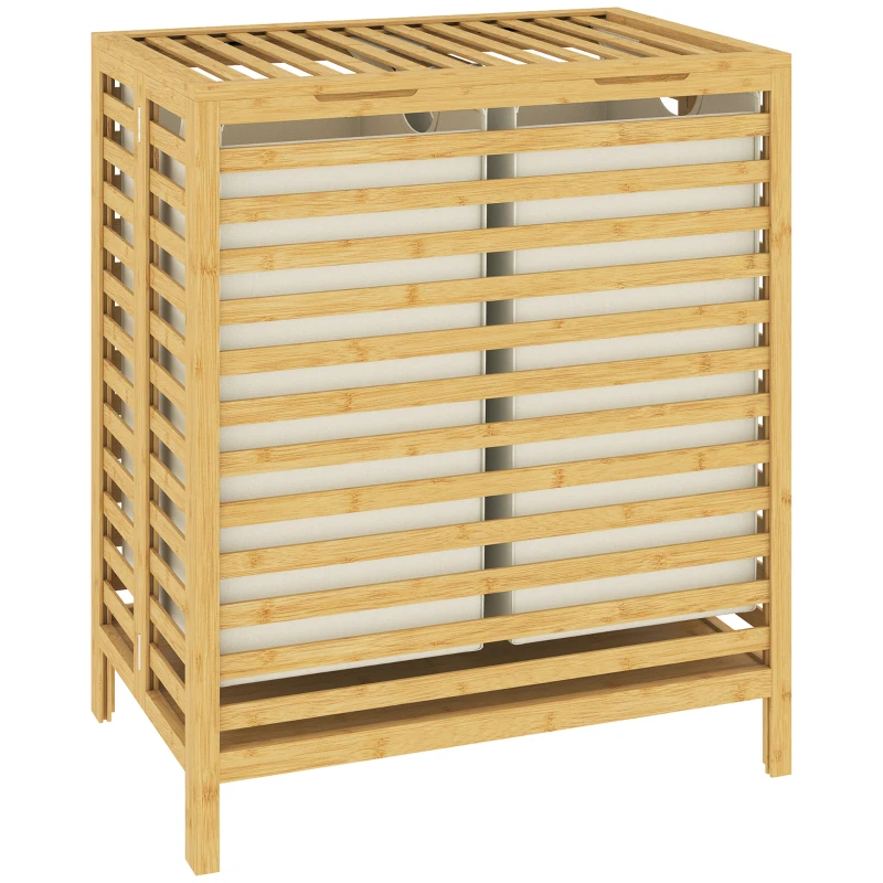 HOMCOM Cesto Portabiancheria in Bambù 64L con Coperchio, 2 Sacche in Tessuto Oxford Rimovibili e Lavabili, Color Legno