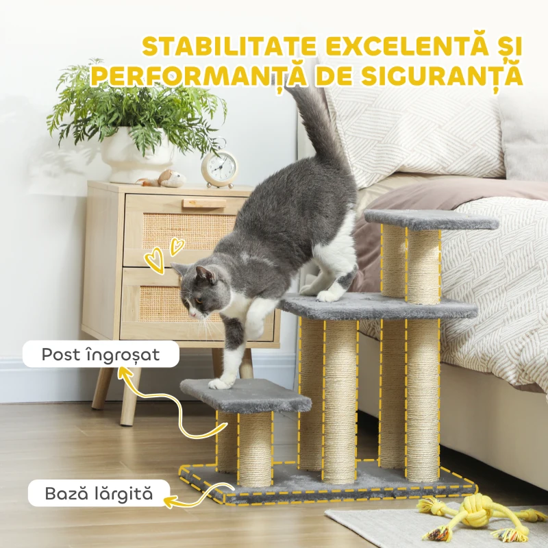 PawHut Scară pentru Câini și Pisici cu 3 Trepte din Pluș și Stâlpi Zgâriători din Sisal, Capacitate 10 kg, Gri