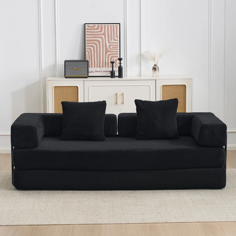 Bodencouch, Kompressionssofa, umwandelbares Bodenschlafsofa mit Kissen-Rückenlehne, bequemes Futon-Couch-Lounge-Schlafsofa, Cordstoff, für Wohnzimmer, Schlafzimmer (Schwarz)